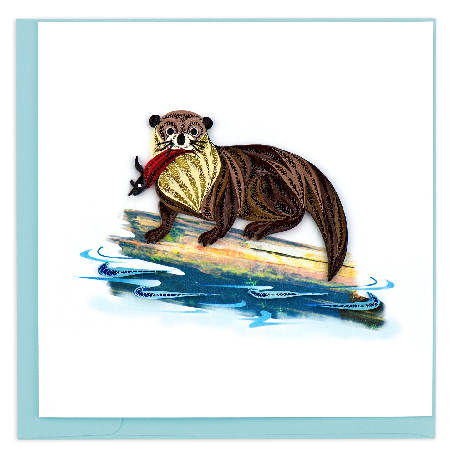 Quilling Brown Otter Fisherman's Friend Hand-Finished Art Greeting Card
