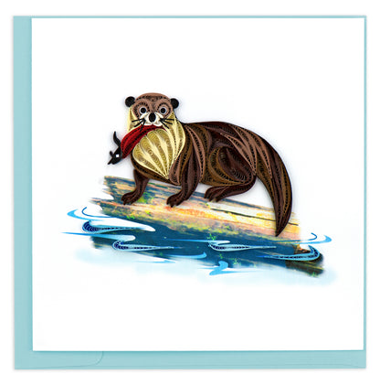 Quilling Brown Otter Fisherman's Friend Hand-Finished Art Greeting Card