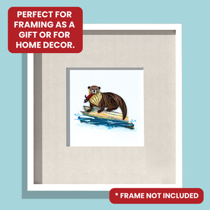 Quilling Brown Otter Fisherman's Friend Hand-Finished Art Greeting Card