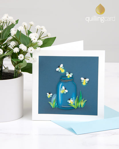 Quilling Fireflies Escaping A Jar Fireflies Fly Free Hand-Finished Greeting Card