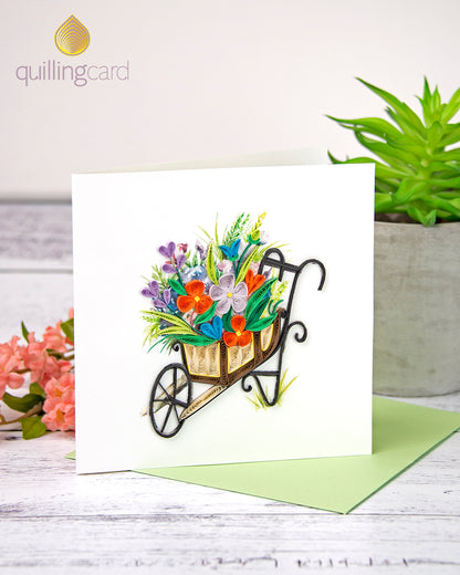 Quilling Wheelbarrow Flowers Rainbow Garden Hand-Finished Art Greeting Card