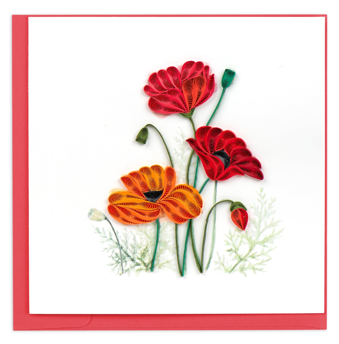 Quilling Red And Orange Peaceful Poppies Hand-Finished Art Greeting Card