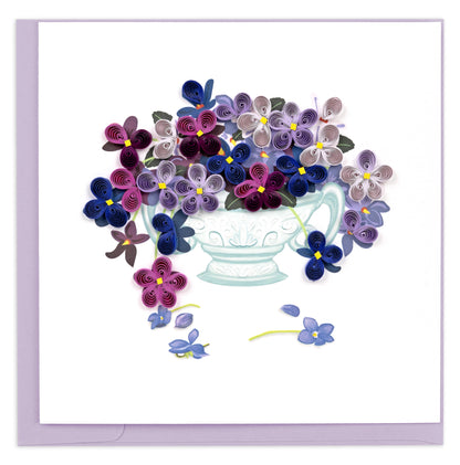 Quilling Violet Flower Bouquet In Vase Hand-Finished Art Greeting Card