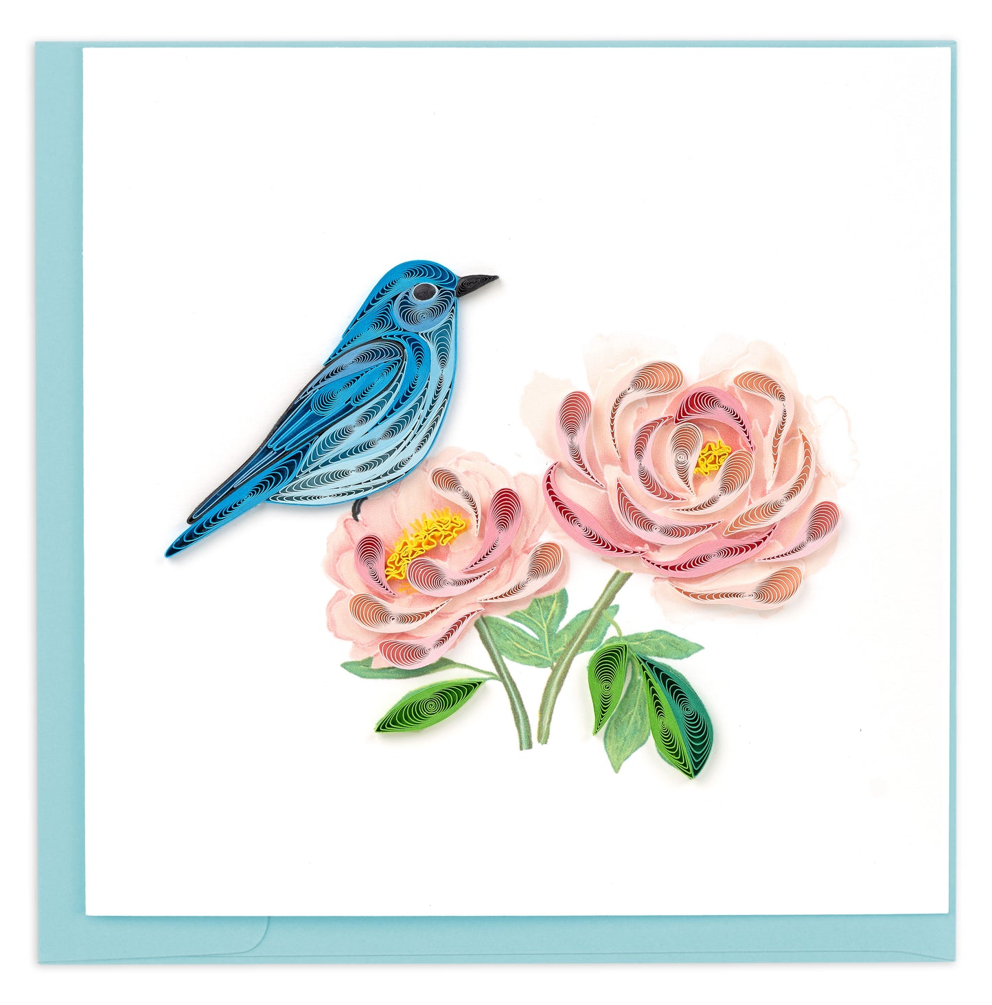 Quilling Bluebird And Pink Peonies Garden Visitor Hand-Finished Greeting Card