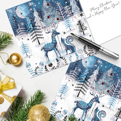Box of 5 Festive Stag & Fox Hand-Finished Christmas Cards