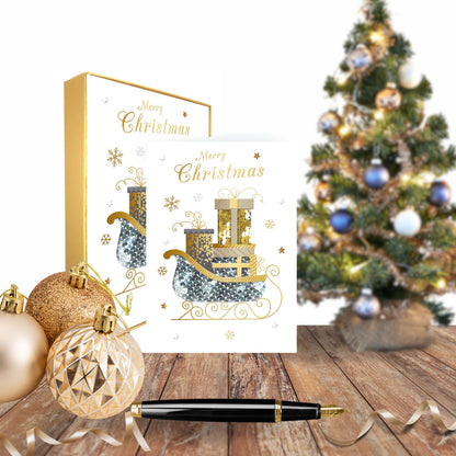 Box Of 5 Winter Glow Merry Christmas Sleigh Hand-Finished Christmas Cards