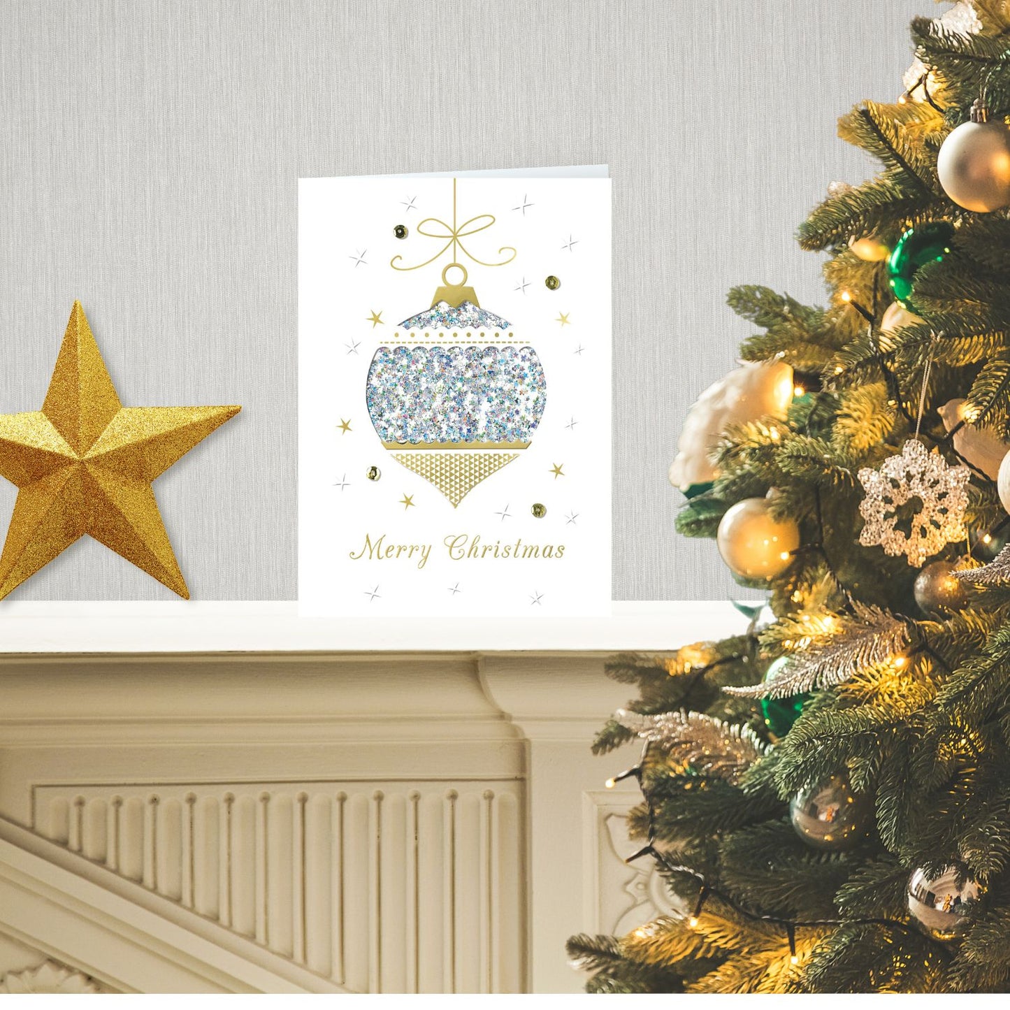 Box Of 5 Winter Glow Merry Christmas Bauble Hand-Finished Christmas Cards