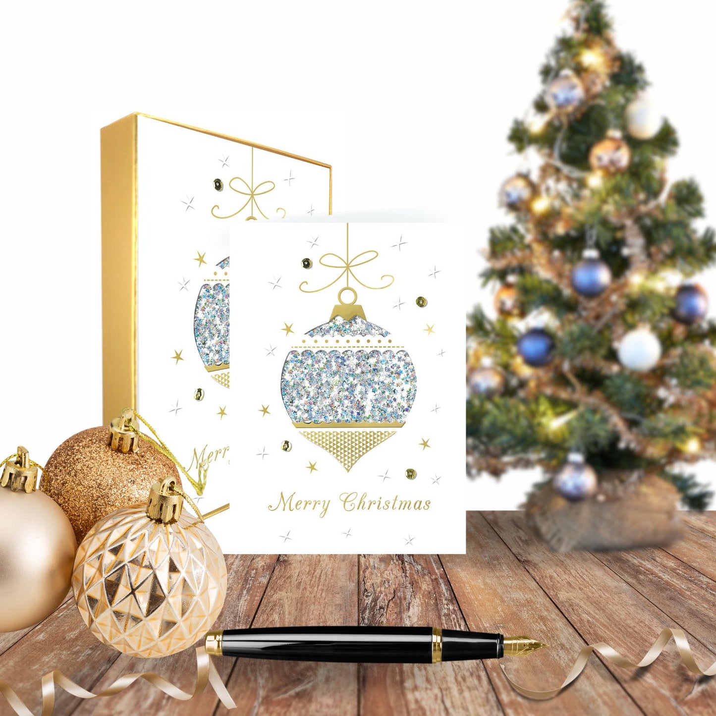 Box Of 5 Winter Glow Merry Christmas Bauble Hand-Finished Christmas Cards