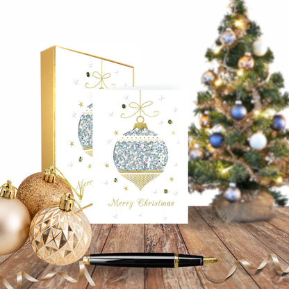 Box Of 5 Winter Glow Merry Christmas Bauble Hand-Finished Christmas Cards