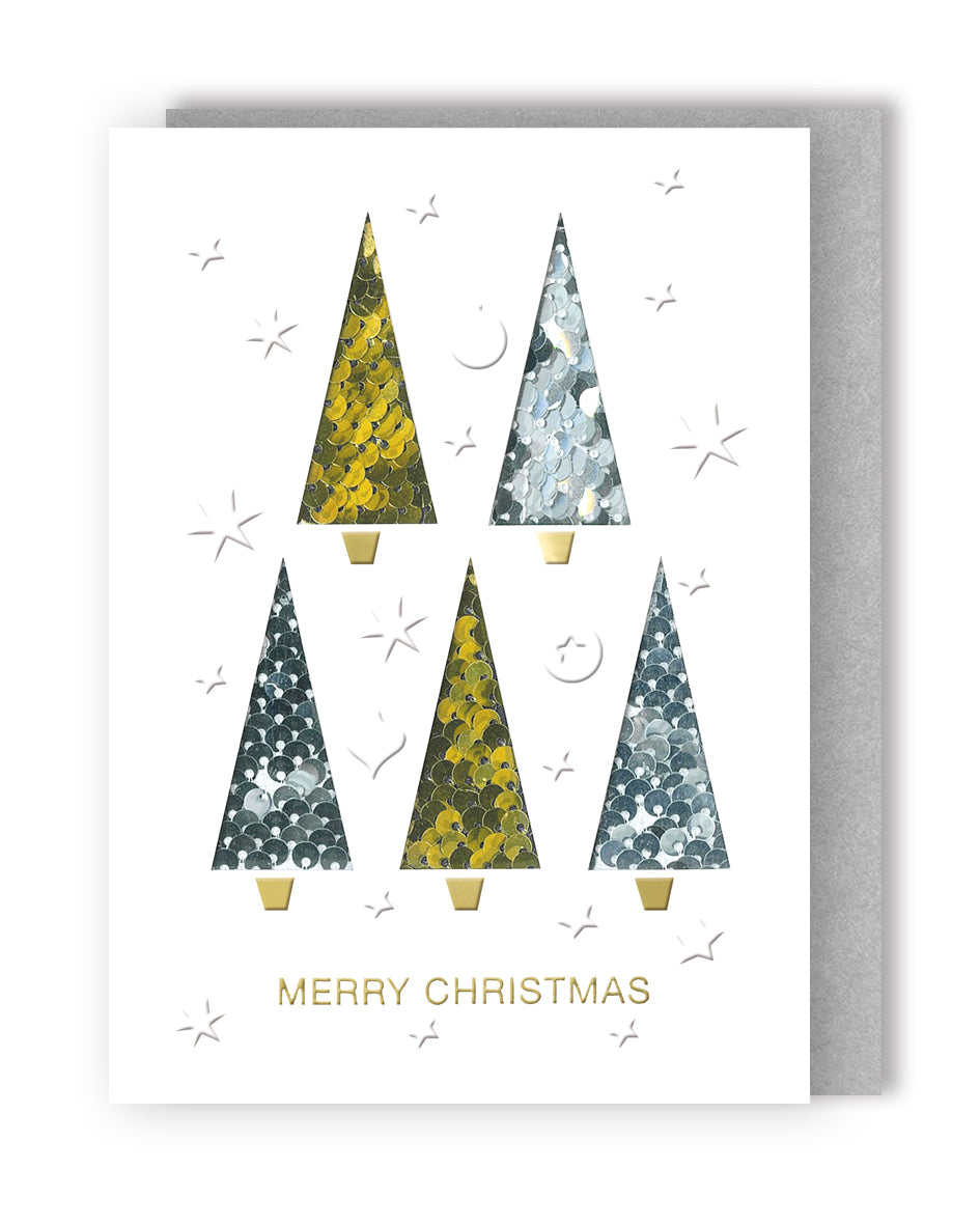 Winter Glow Merry Christmas Trees Sparkle Hand-Finished Christmas Greeting Card