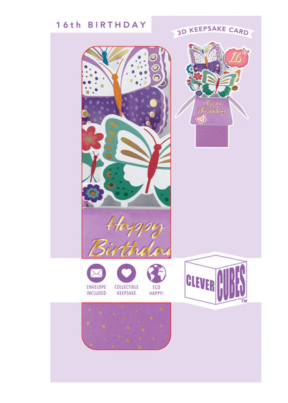 Clever Cube 16th Birthday Butterfly Bonanza! Birthday Pop Up Greeting Card