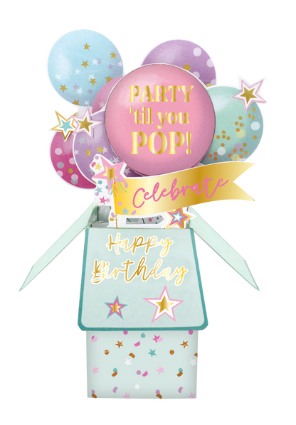 Clever Cube Party 'Til You Pop! Balloon-Tastic Fun Birthday Pop Up Greeting Card