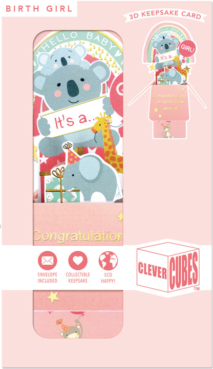 Clever Cube It's A Girl Welcome Baby Girl! New Baby Pop Up Greeting Card