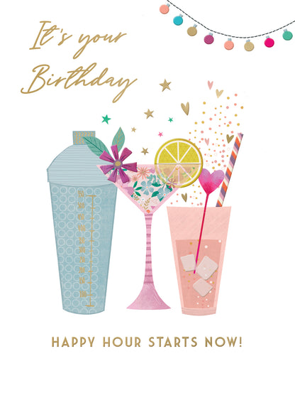 Happy Hour Starts Now! Bubbly And Pink! Contemporary Birthday Card