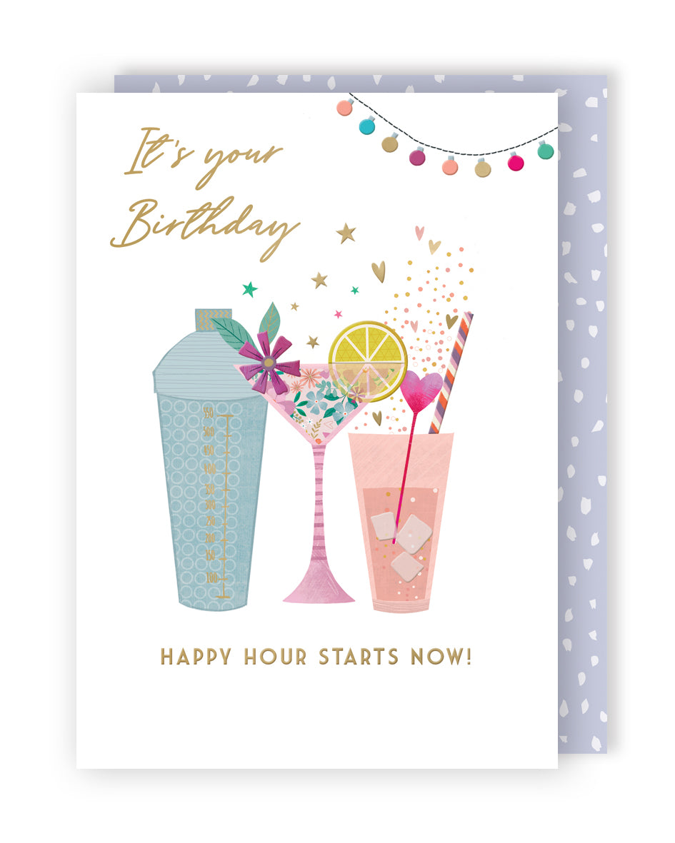 Happy Hour Starts Now! Bubbly And Pink! Contemporary Birthday Card