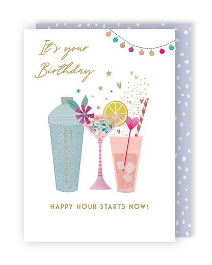 Happy Hour Starts Now! Bubbly And Pink! Contemporary Birthday Card
