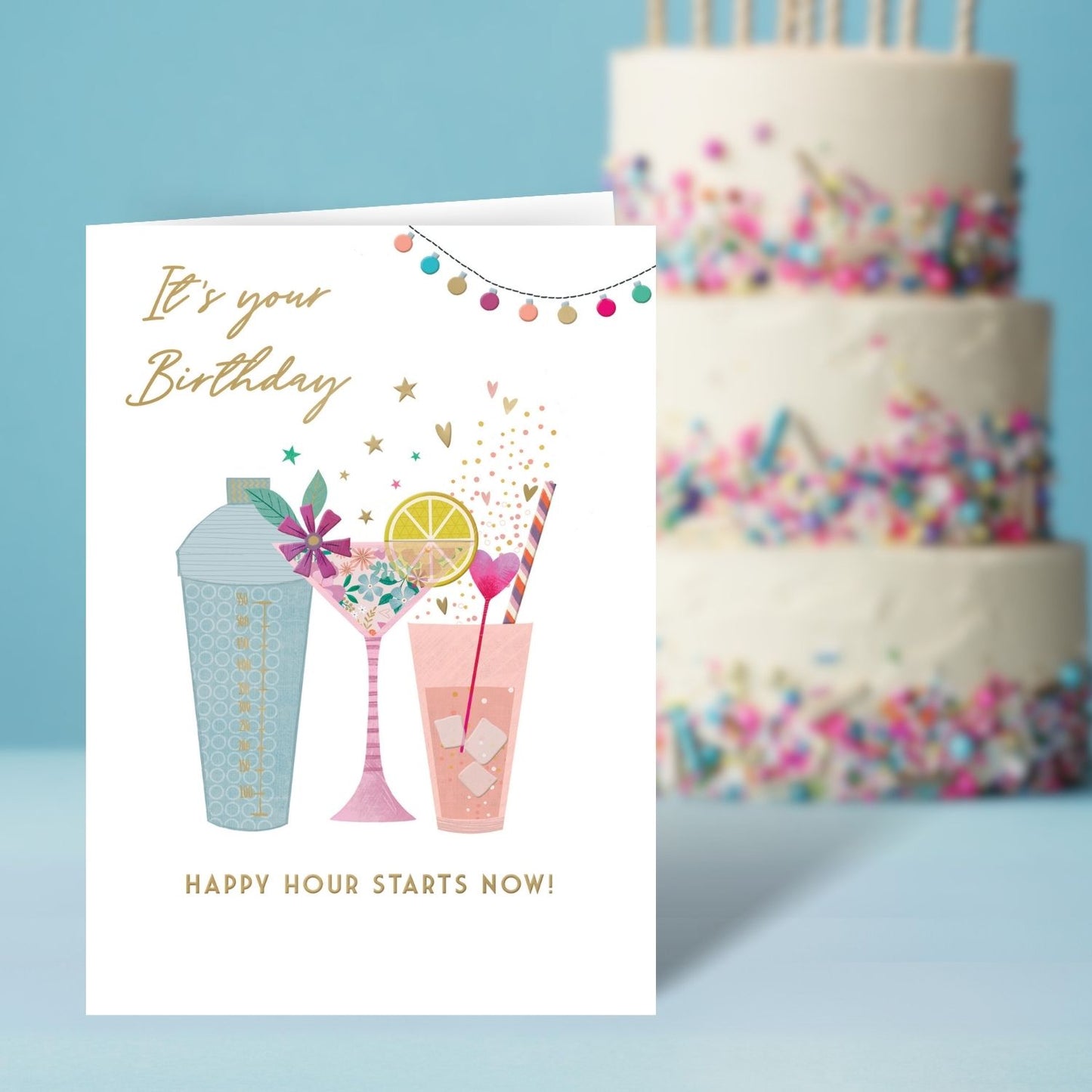Happy Hour Starts Now! Bubbly And Pink! Contemporary Birthday Card