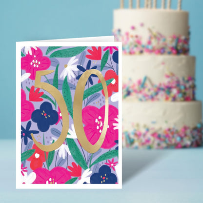 50th Birthday For Her Fifty-Tastic Blooms! Contemporary Birthday Card