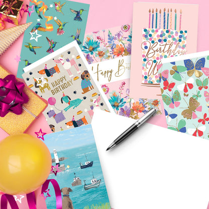 Assorted Greeting Card Box of 12 Birthday & Blank Cards In Keepsake Envelope Box