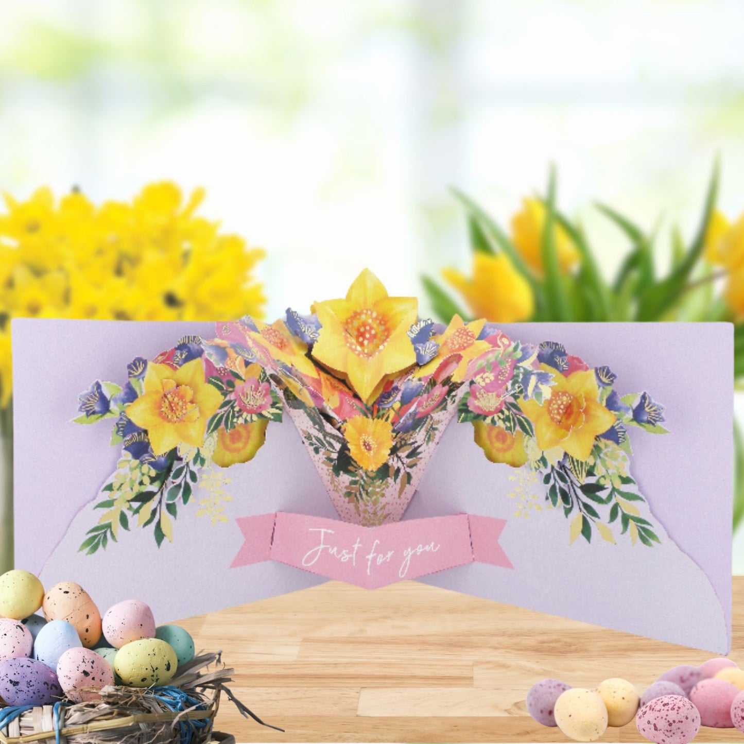 Pop Up Card & Chocolate Treat Tray Floral Bouquet Easter Card & Gift
