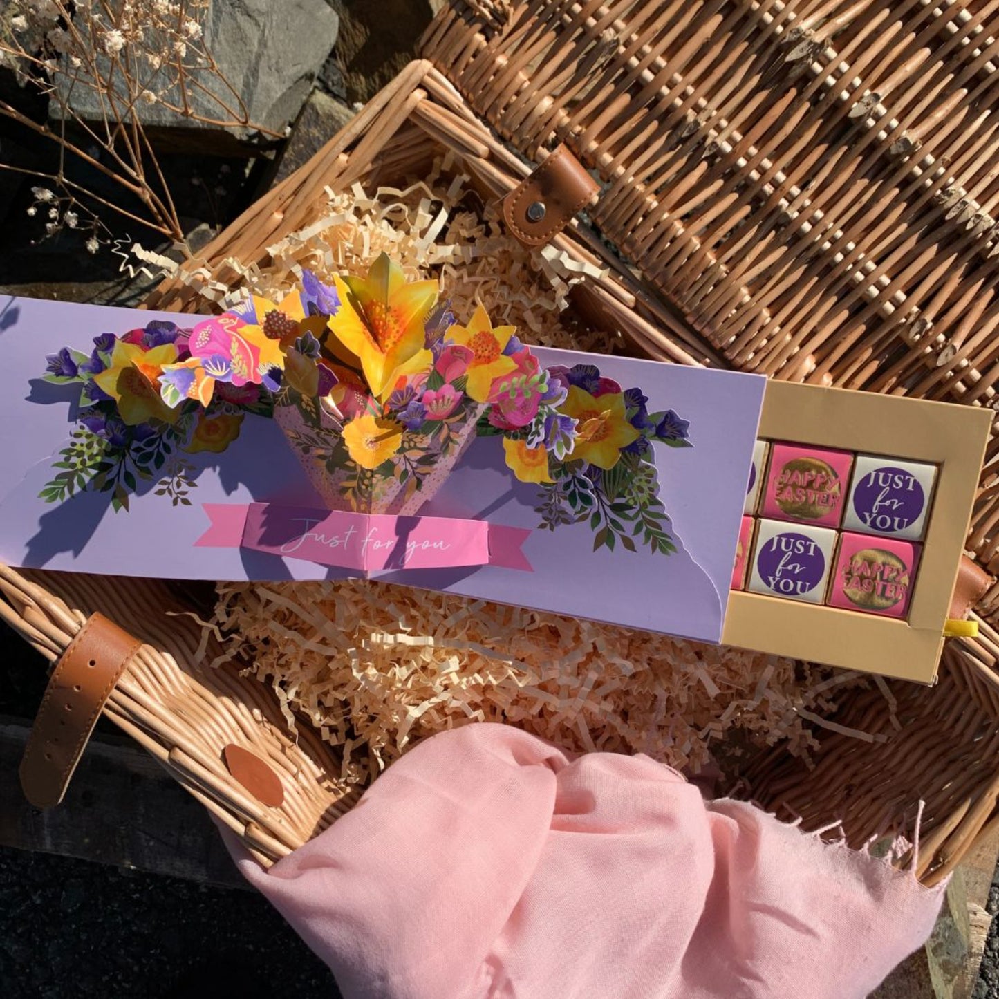 Pop Up Card & Chocolate Treat Tray Floral Bouquet Easter Card & Gift