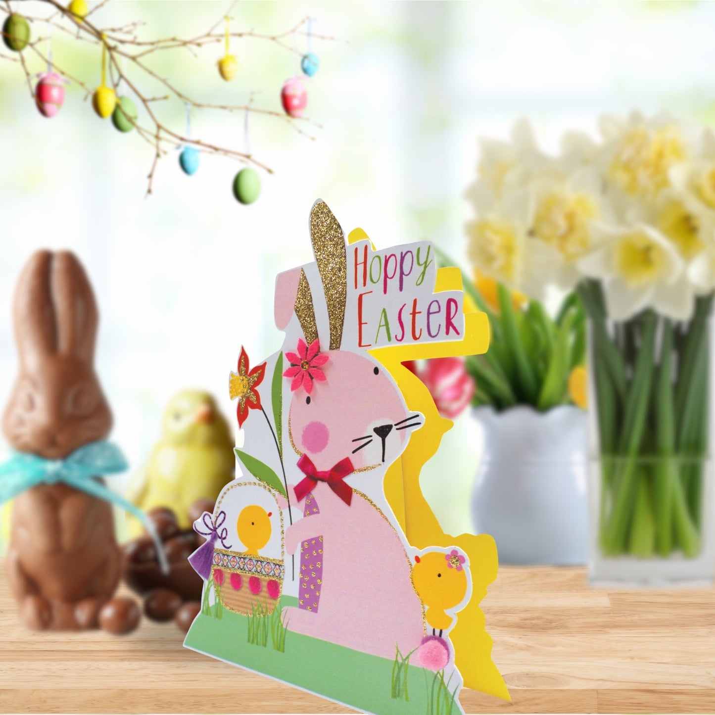 Pink Bunny Shaped Happy Easter 3D Paper Dazzle Greeting Card