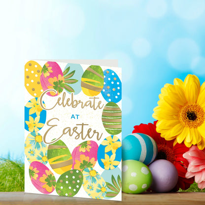 Celebrate At Easter Colourful Decorated Eggs Contemporary Easter Greeting Card