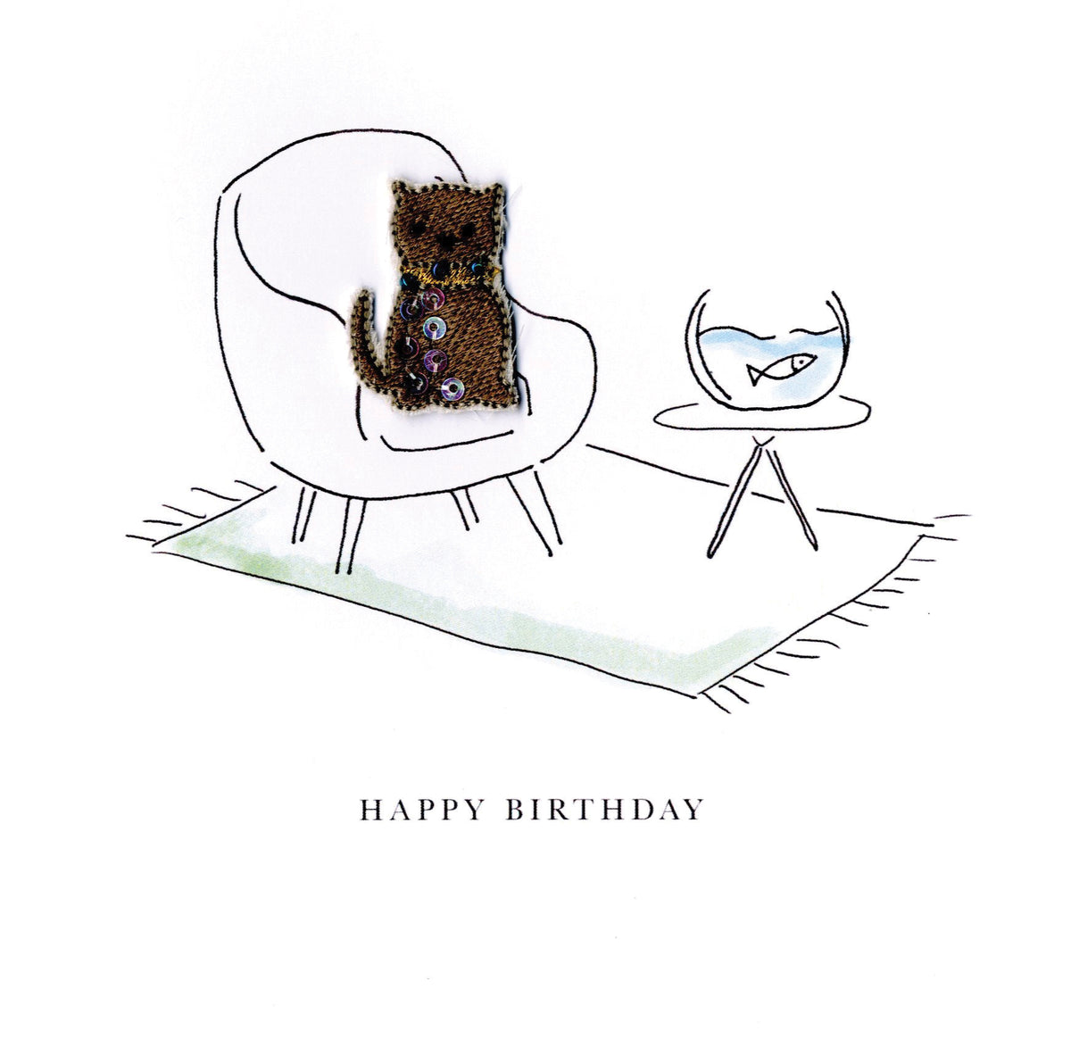 Cat & Fish Happy Birthday Beaded Greeting Card