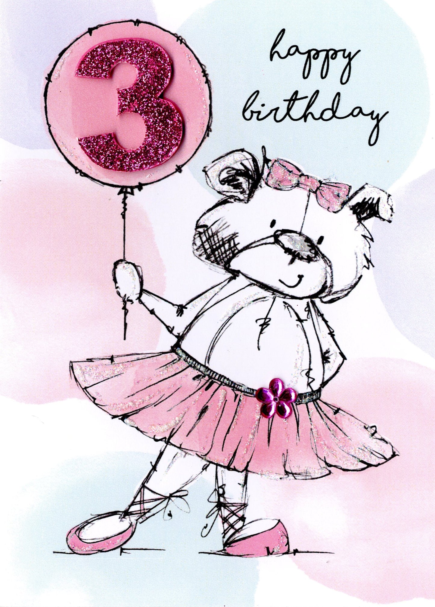 Scribble Bear Girls 3rd Birthday Greeting Card