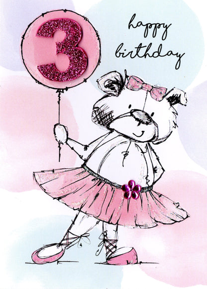 Scribble Bear Girls 3rd Birthday Greeting Card