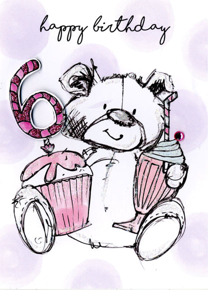 Scribble Bear Girls 6th Birthday Greeting Card