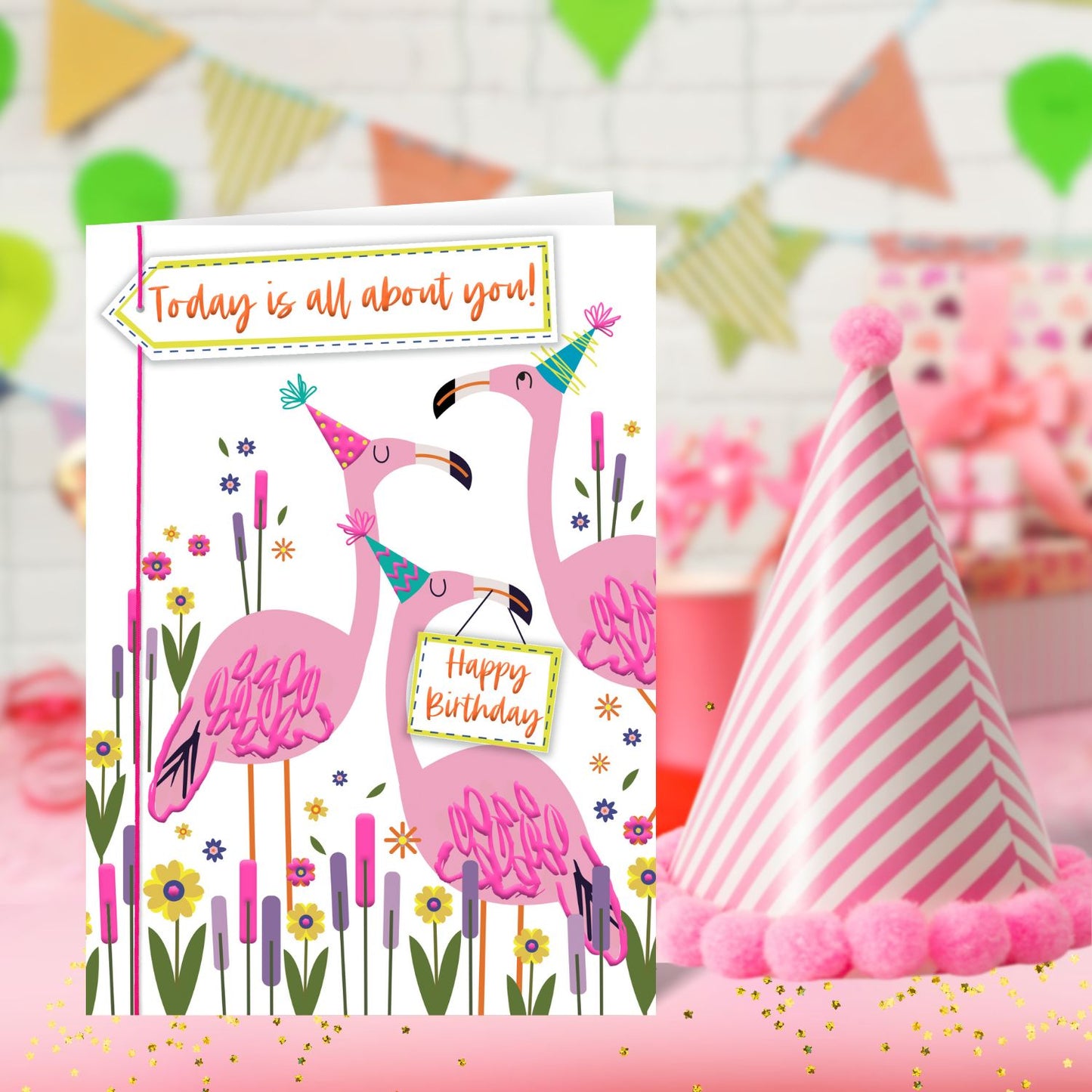 Today Is All About You! Flamingo Frenzy! Hand-Finished Birthday Greeting Card