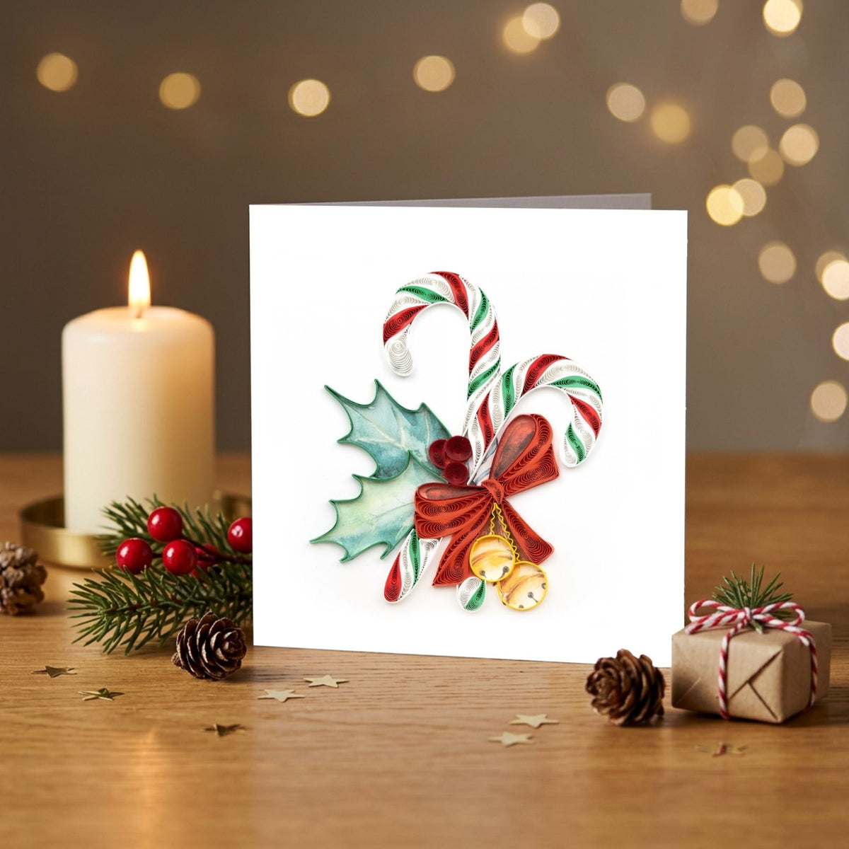 Quilling Christmas Card Festive Candy Canes Quilled Art Hand-Finished Design