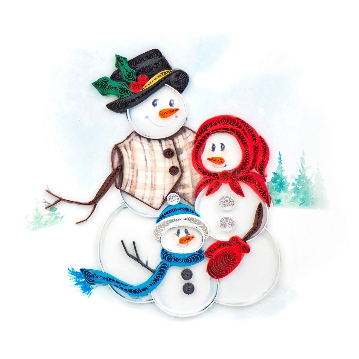 Quilling Christmas Card Jolly Snowman Family Quilled Art Hand-Finished Design