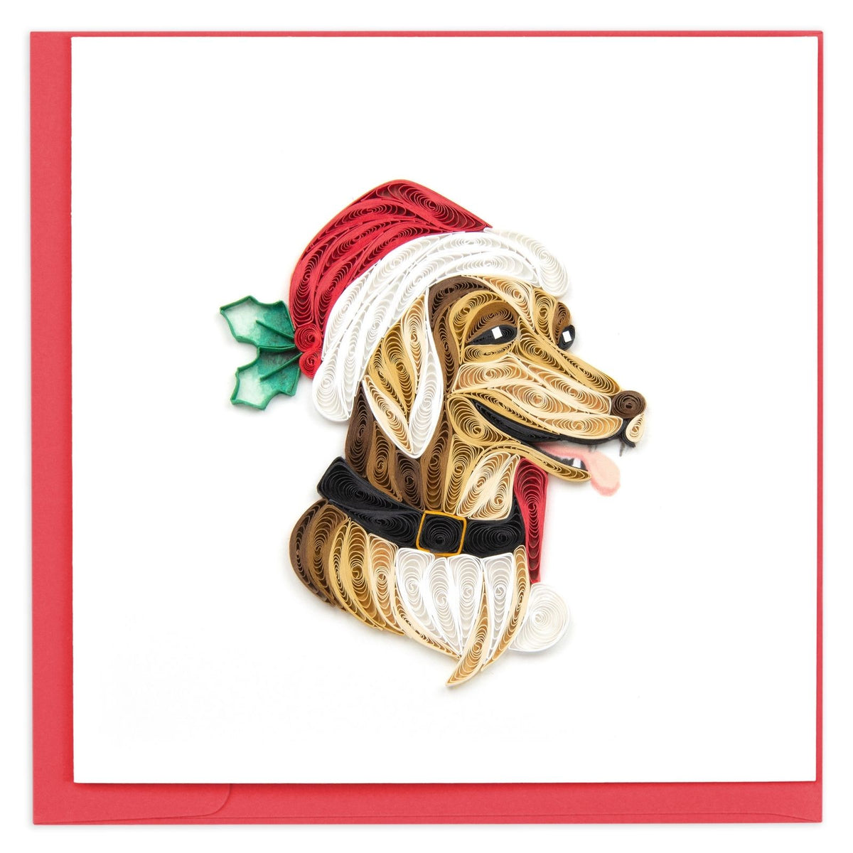 Quilling Christmas Card Dog In Santa Hat Quilled Art Hand-Finished Design
