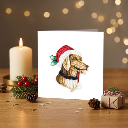 Quilling Christmas Card Dog In Santa Hat Quilled Art Hand-Finished Design