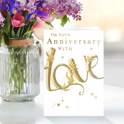On Your Anniversary With Love Gold Flowerful Love! Anniversary Greeting Card
