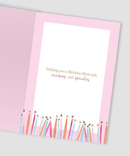 To A Special Daughter Sparkle! Rainbowtastic Cake! Birthday Greeting Card