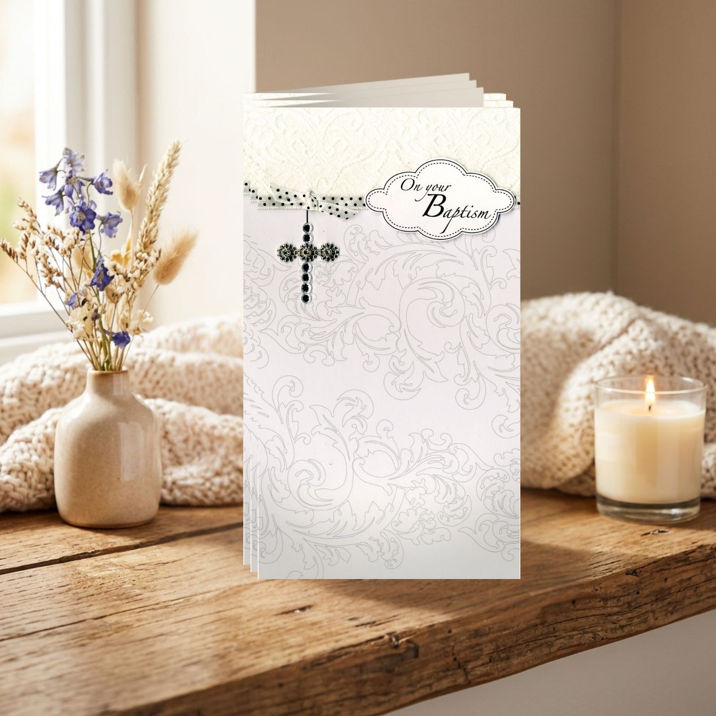 On Your Baptism Card Religious Champagne Hand-Finished Embellished Cross Design