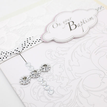 On Your Baptism Card Religious Champagne Hand-Finished Embellished Cross Design