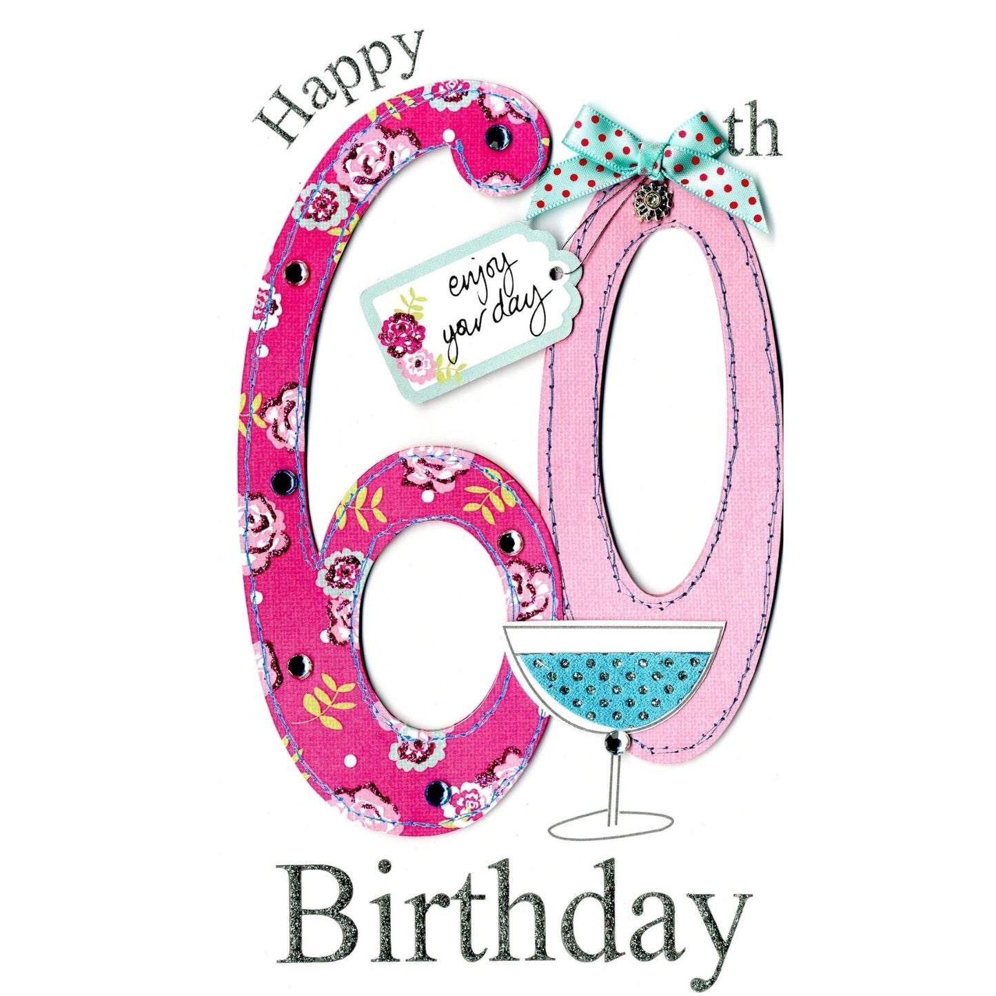 60th Birthday Card For Her Champagne Hand-Finished Embellished Pink 60 Design