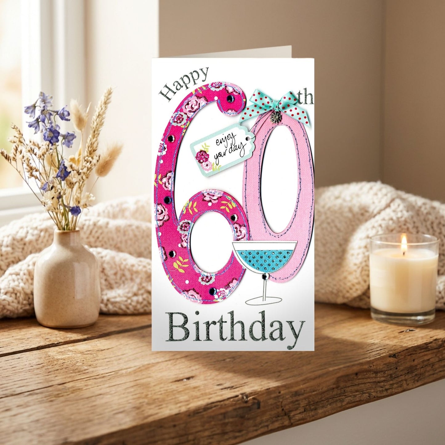 60th Birthday Card For Her Champagne Hand-Finished Embellished Pink 60 Design