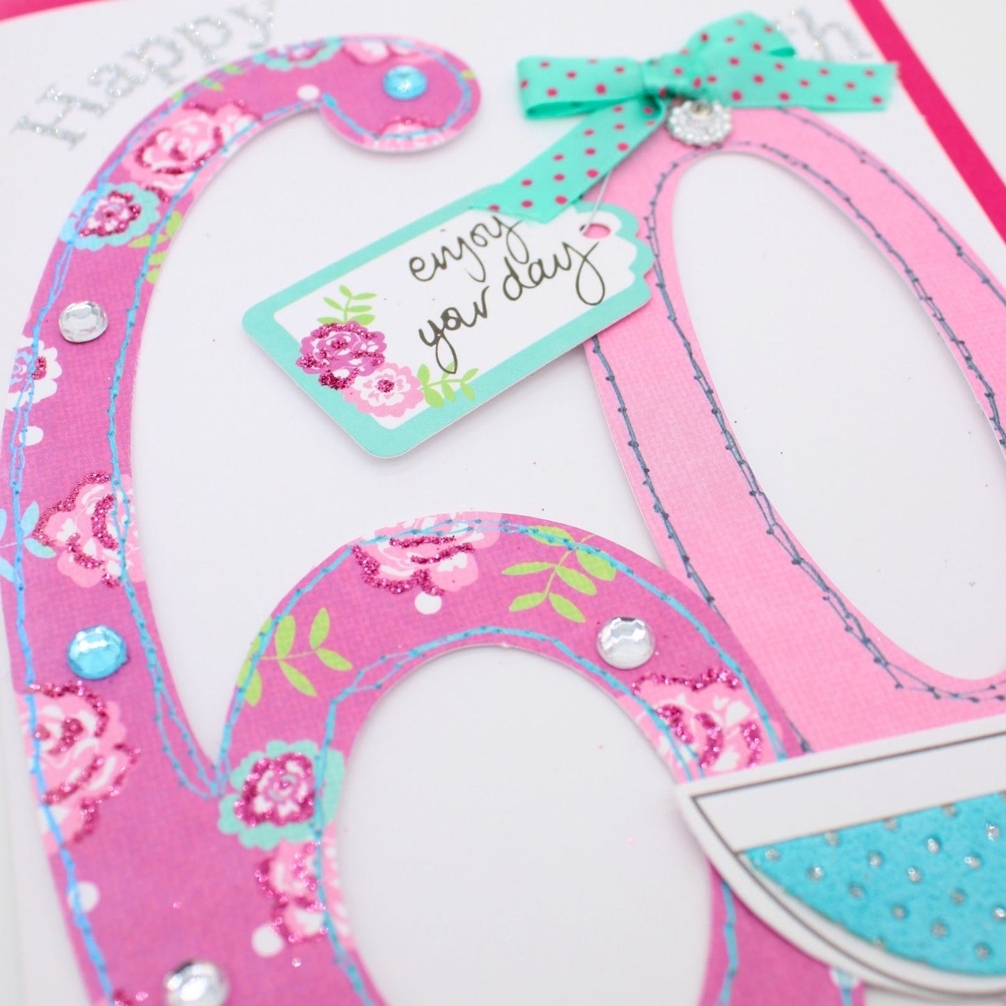 60th Birthday Card For Her Champagne Hand-Finished Embellished Pink 60 Design