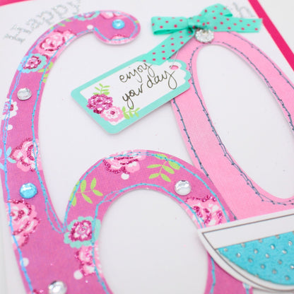 60th Birthday Card For Her Champagne Hand-Finished Embellished Pink 60 Design