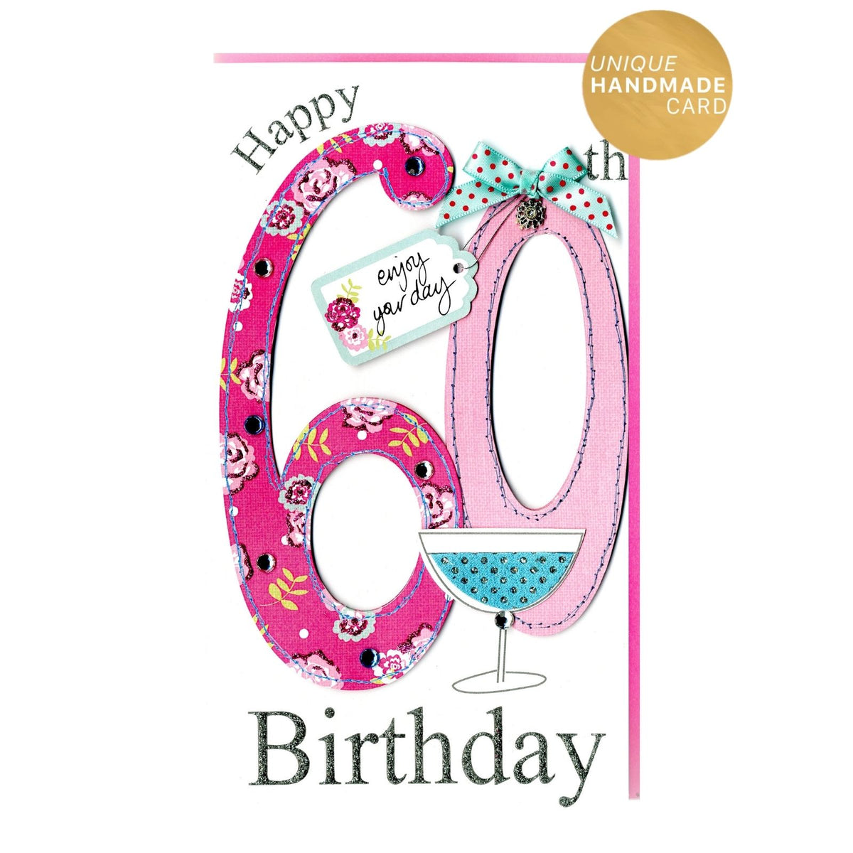 60th Birthday Card For Her Champagne Hand-Finished Embellished Pink 60 Design