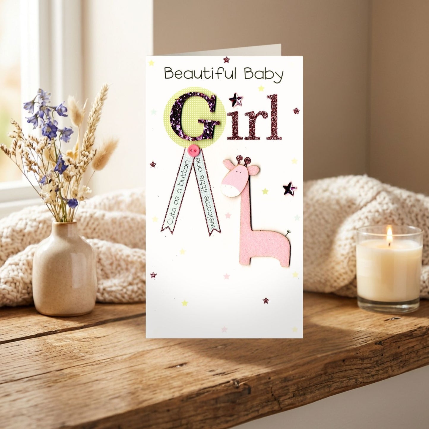 New Baby Card For Baby Girl Champagne Hand-Finished Embellished Giraffe Design