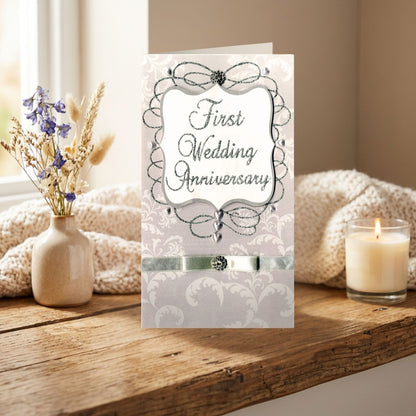 1st Wedding Anniversary Card   Champagne Hand-Finished Embellished Silver Design