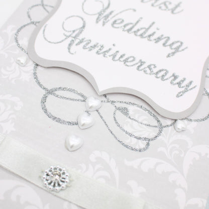 1st Wedding Anniversary Card   Champagne Hand-Finished Embellished Silver Design