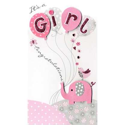 It's a Girl New Baby Card   Champagne Hand-Finished Embellished Elephant Design