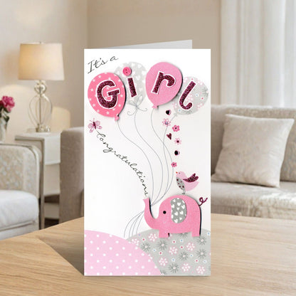 It's a Girl New Baby Card   Champagne Hand-Finished Embellished Elephant Design